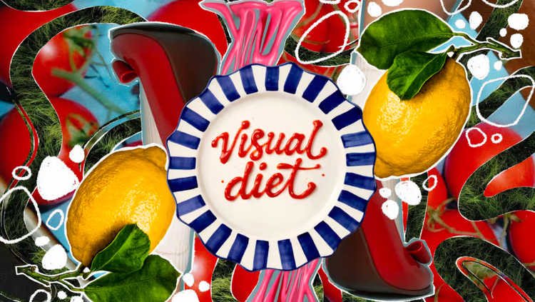 Graphic design portfolio examples collage with lemons, shoes, tomatoes, and a plate reading visual diet.