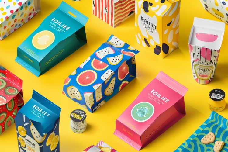 Various vibrant packaging designs displayed on a bright yellow background.