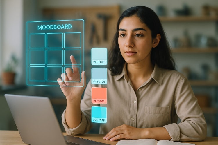 Young woman using a virtual moodboard on her laptop in a modern workspace.