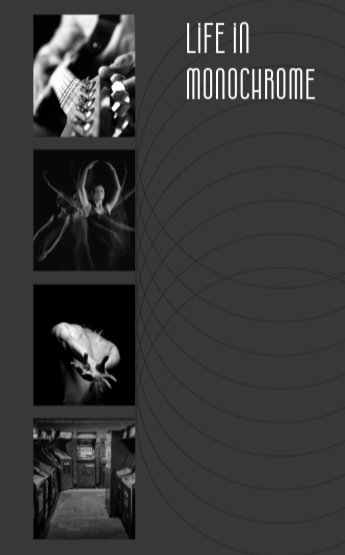 Graphic design portfolio template with monochrome photos, abstract lines, and Life in Monochrome text cover page design.