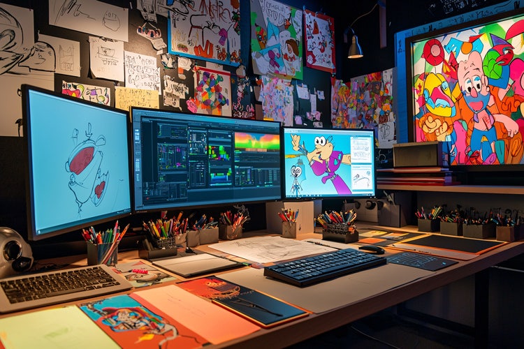 Creative workspace showcasing types of graphic design with animation sketches, digital screens, and colorful illustrations.