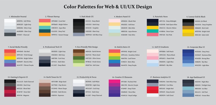 A selection of colour palette sets with hex codes, curated for website UI and UX design, displayed in clean, modern layouts.