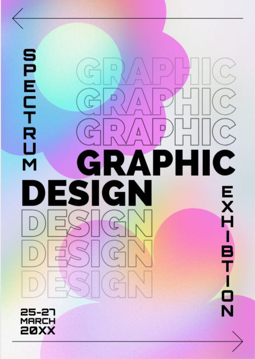 Graphic designer portfolio PDF with bold text and colorful gradient circles for a design exhibition poster.