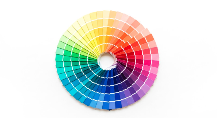 Graphic design color wheel with vibrant swatches arranged in a circular spiral on a white background.