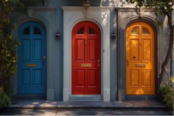 Three doors painted in contrasting colours, creating a bold architectural statement through a striking three-colour combination.