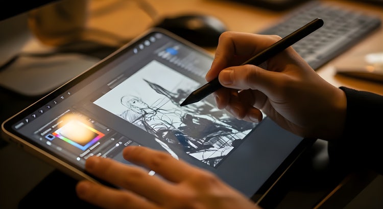 Digital illustrator using stylus on tablet to sketch character, showing how to become an illustrator with digital tools.