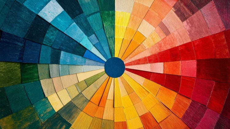 Show a color wheel palette with primary, secondary, and tertiary colors arranged in a circular format.
