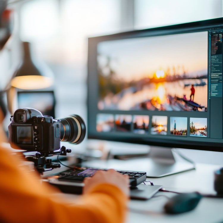A photographer in front of their workstation and camera, editing photos in Photoshop.