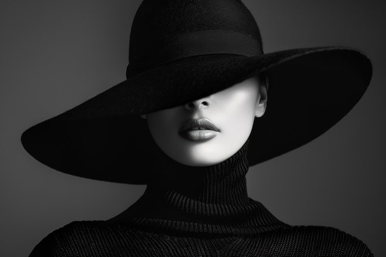 Black and white portrait of a model wearing a black turtleneck sweater, with a hat covering their face.