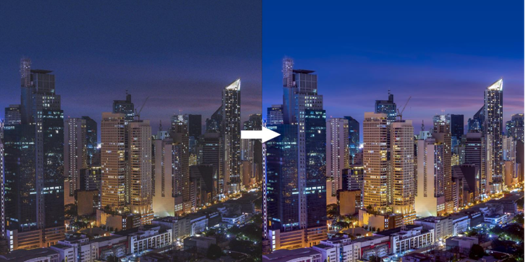A comparison of two photos taken of a cityscape that showcases the effect of ISO levels in the captured image.