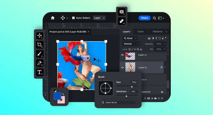 Digital workspace within Adobe Photoshop featuring panels, design tools, and an image being edited.