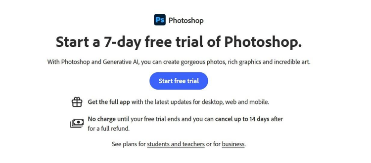 Screenshot of Adobe Photoshop free trial page showing the free trial button.