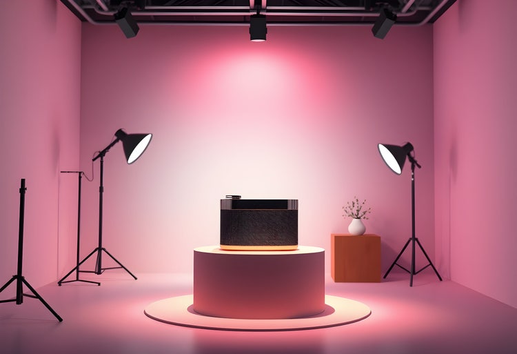 A professional photography studio with pink walls, lighting equipment, platform, and props.