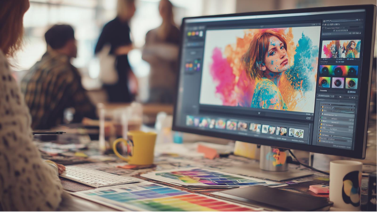 A woman in an office, working on a colourful image on Adobe Photoshop.