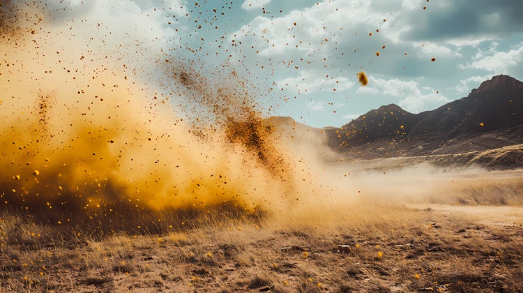 Windborne dust and yellow particles in high dynamic range landscape.