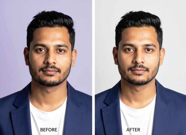 A before and after image showing the passport photo of young man with a coloured background in the beginning and then having a white one after.