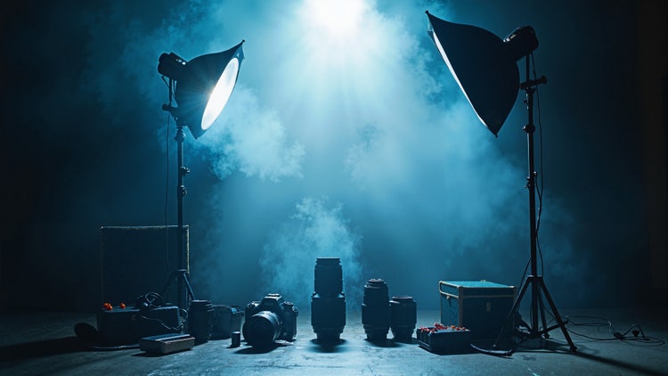 Studio spotlight with smoky ambience and blurred LED lights, inspiring Photoshop ideas for creativity and visual storytelling.
