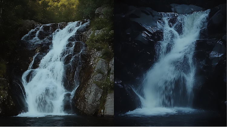 A comparison of two photos taken of a waterfall that showcases the effect of shutter speed in the captured image.
