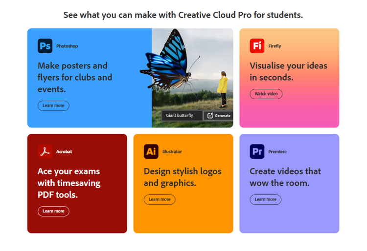 Screenshot of the Creative Cloud Pro page showcasing the different creative apps included in the plan.