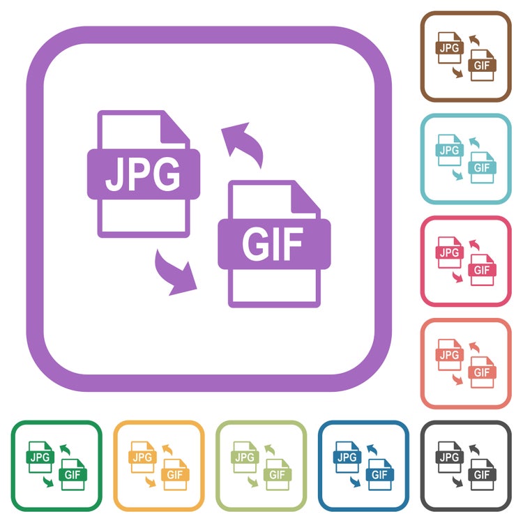 Simple icon set illustrating file conversion steps to change GIF to JPG format.