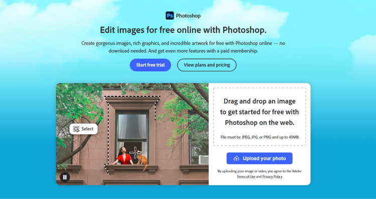 Screenshot of Photoshop on the web showing the drag and drop zone for photo editing.