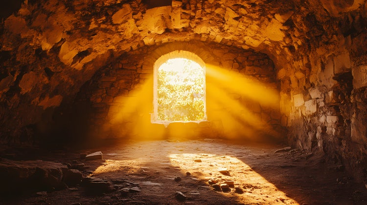 Image of light cascading through an open brick window onto a dirt floor of an older building.