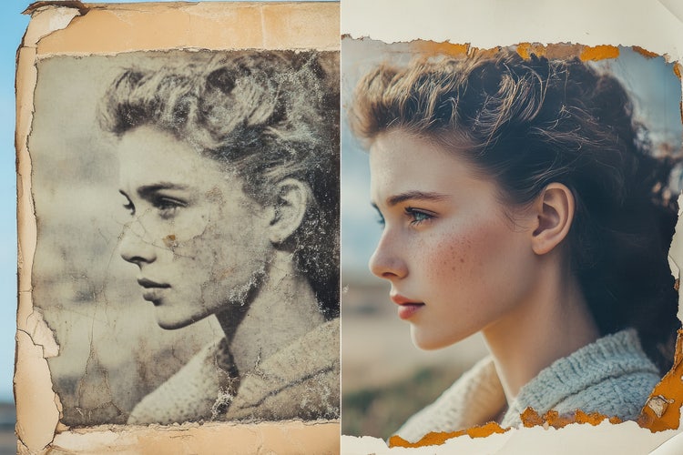 A before and after comparison of a photo restoration, showing an old, damaged photograph brought back to life with color and clarity.