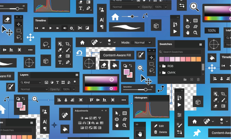 A collection of different photo editing tools that can be used within the Photoshop app.