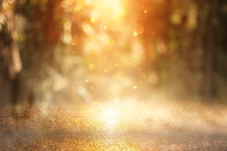 Abstract long exposure photo of sunlight filtering through trees, creating golden bokeh and artistic light bursts with depth of field.