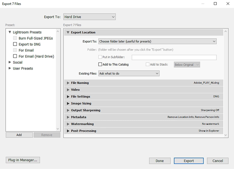 Popup menu in Adobe Lightroom showing options for export.