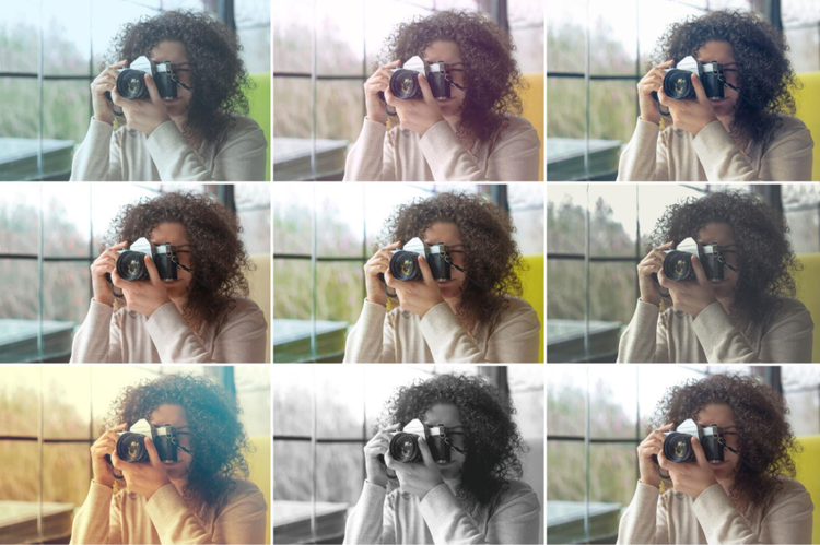 Nine variations of a woman using a camera indoors, each showing a different lightroom preset effect.