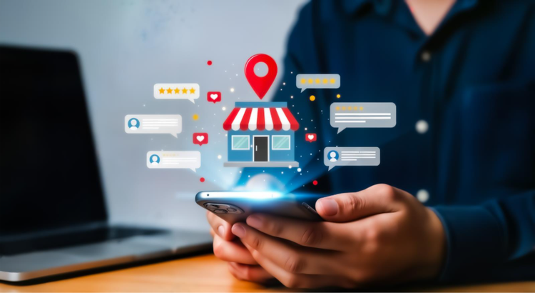 Person using smartphone to manage an online shop with chat, rating, and like icons, lightroom preset business concept.