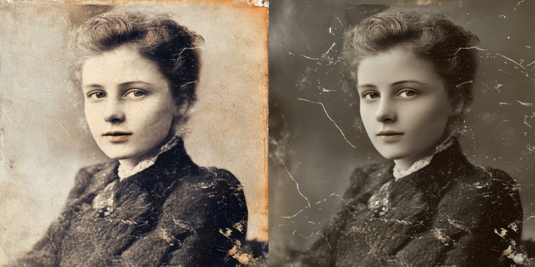 Aged photo of a young woman showing a damaged photo and then a restored version.