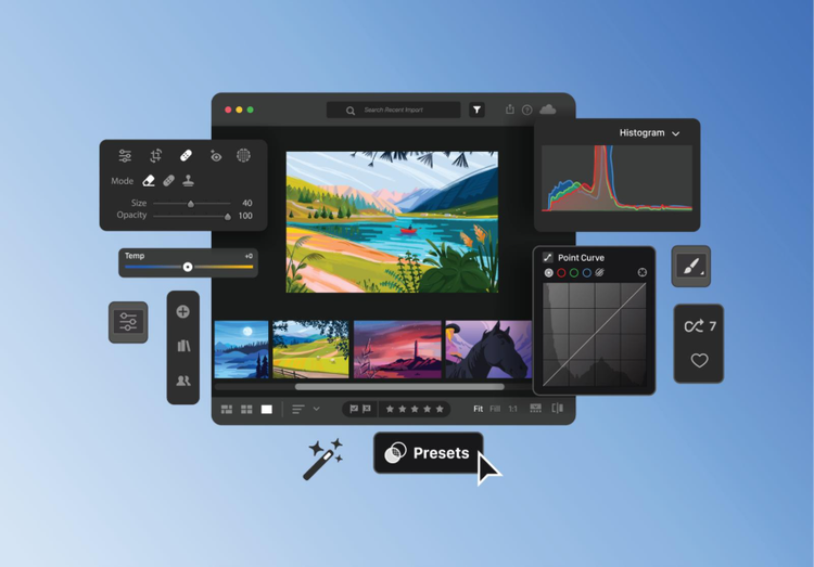 Lightroom preset editing interface with landscape photos, sliders, and adjustment tools on a blue gradient background.