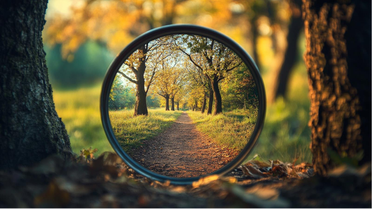 Artistic photo of a forest pathway reflected through a circular mirror, symbolising clarity and focus, ideal for showcasing the concept of bulk resize images in creative workflows.