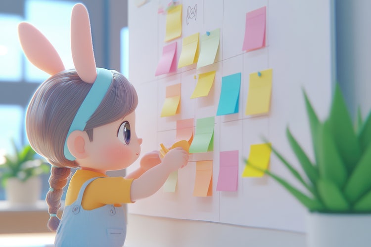 3D cartoon girl with bunny ears organises colourful sticky notes on a whiteboard, illustrating a whiteboard animation planning concept.