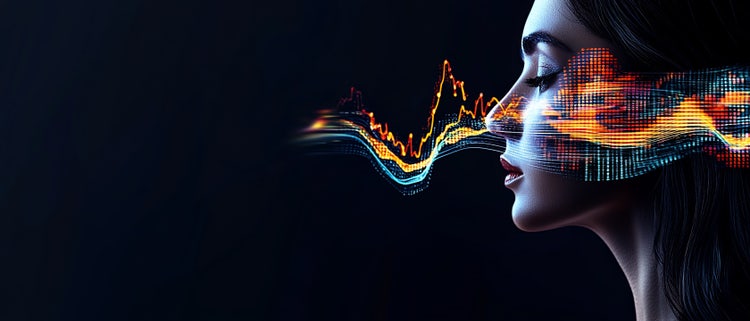 Digital voice visualisation illustrating AI voiceover technology converting text into waveform speech output.