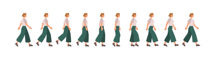 Flat vector of a woman’s side-view animation walk cycle showing step-by-step motion phases.