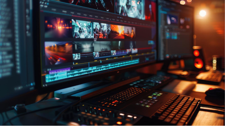 Multiple computer screens showing timeline editing in Premiere.