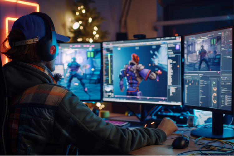 Animator working on character design across dual monitors, using software to create morphing animation for a dynamic action scene.