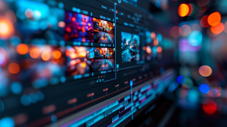 Video editor using a desktop workstation with multiple screens to edit MKV video footage, featuring audio waveforms and timelines.