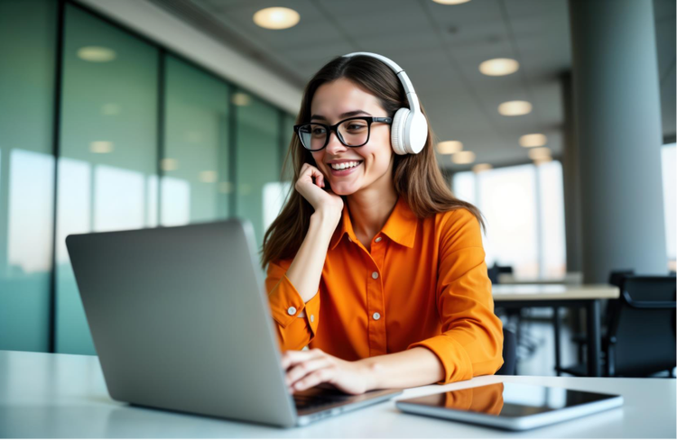 Woman wearing headphones working on a laptop, illustrating MP3 to MP4 conversion for creating engaging audio-visual content.