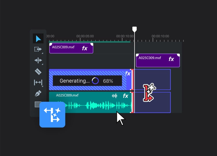 AI video editing interface with keyframe animation and automated effects in progress.