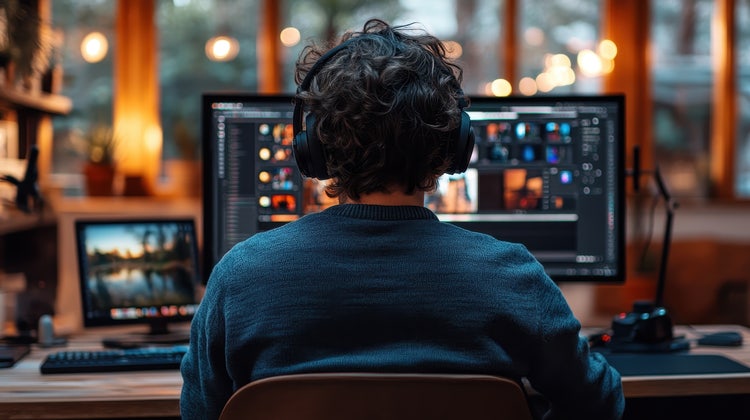 A professional video editor in front of multiple monitors with open windows displaying video editing software and digital media.