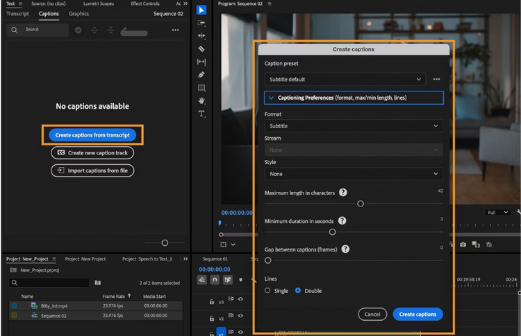 Menu popups in Premiere to automatically create captions from transcript.