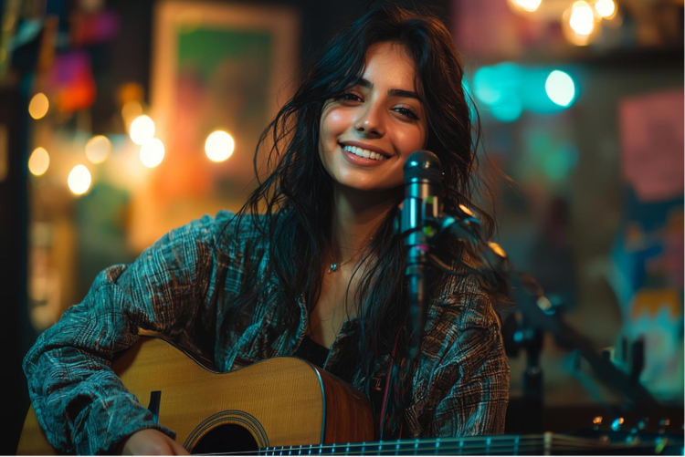Smiling female musician recording audio with guitar and microphone, perfect for enhancing MKV video projects with visual storytelling.