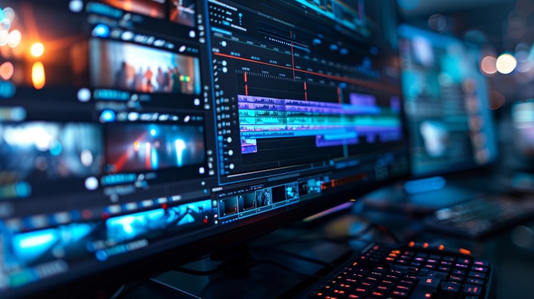 Close-up of a video editing workstation with multiple screens displaying timeline sequences, enhanced by video AI tools for faster and smarter post-production.