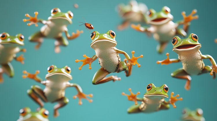 3D animated frogs jumping in mid-air toward a flying ladybird, illustrating keyframe animation techniques in a whimsical scene.