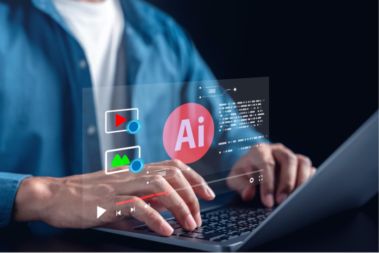 A creative working on a laptop, leveraging video and image editing apps with AI to produce content.