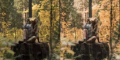 Girl in nature with autumn leaves, before and after Lightroom presets highlighting warm tones and details.
